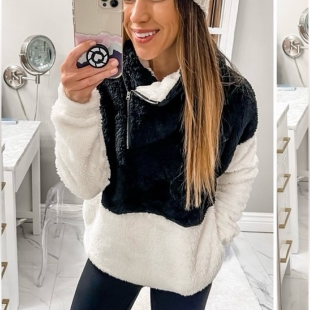 KIRUNDO:Lapel Fuzzy Fleece Sweatshirt Faux Shearling Zipper Warm Sherpa Pullover